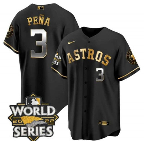 Men's Houston Astros #3 Jeremy Peña Black Gold 2022 World Series Stitched Baseball Jersey
